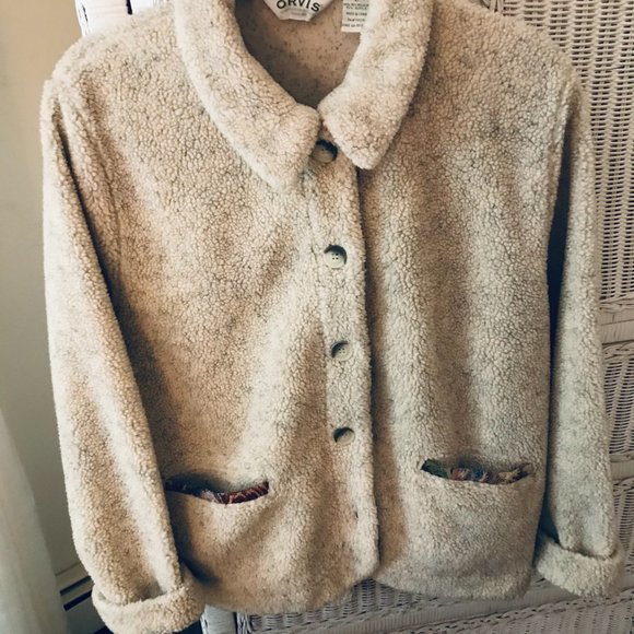 ORVIS  FLEECE JACKET Ivory  Grey Button down Size L - Picture 1 of 4